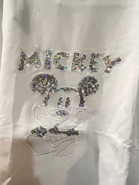 Women’s White Sequin Mickey 
Liquid touch
Graphic Tee size Medium